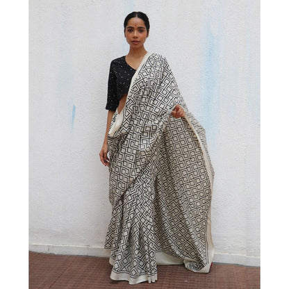 Chidiyaa Paakhi Ivory Hand Block Printed Cotton Saree with Unstitched Blouse