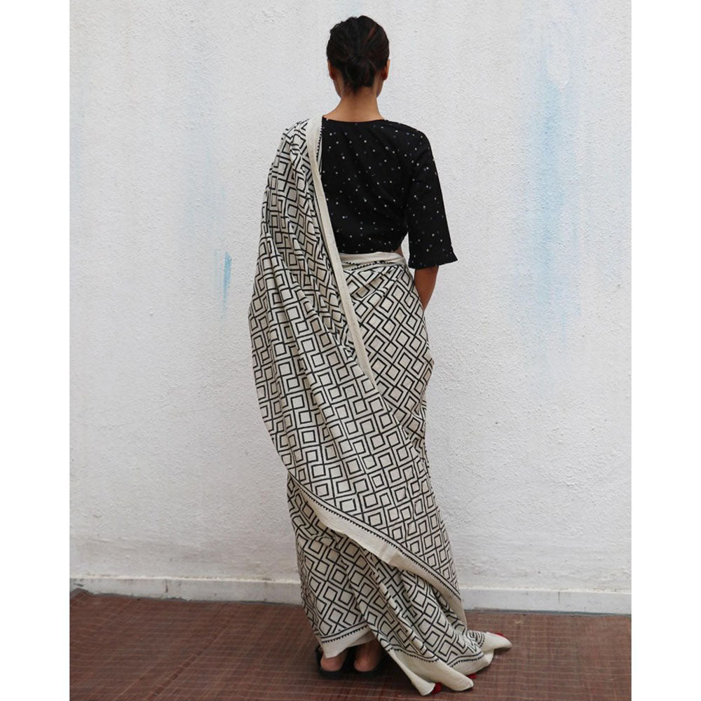 Chidiyaa Paakhi Ivory Hand Block Printed Cotton Saree with Unstitched Blouse