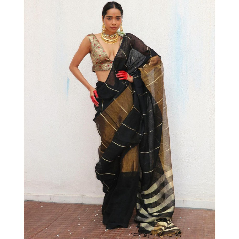 Chidiyaa Chandni Raatein Mrinmoyee Handwoven Linen Zari Saree with Unstitched Blouse