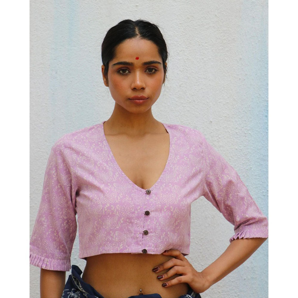 Chidiyaa Paakhi Lavender Jean Hand Block Printed Cotton Stitched Blouse
