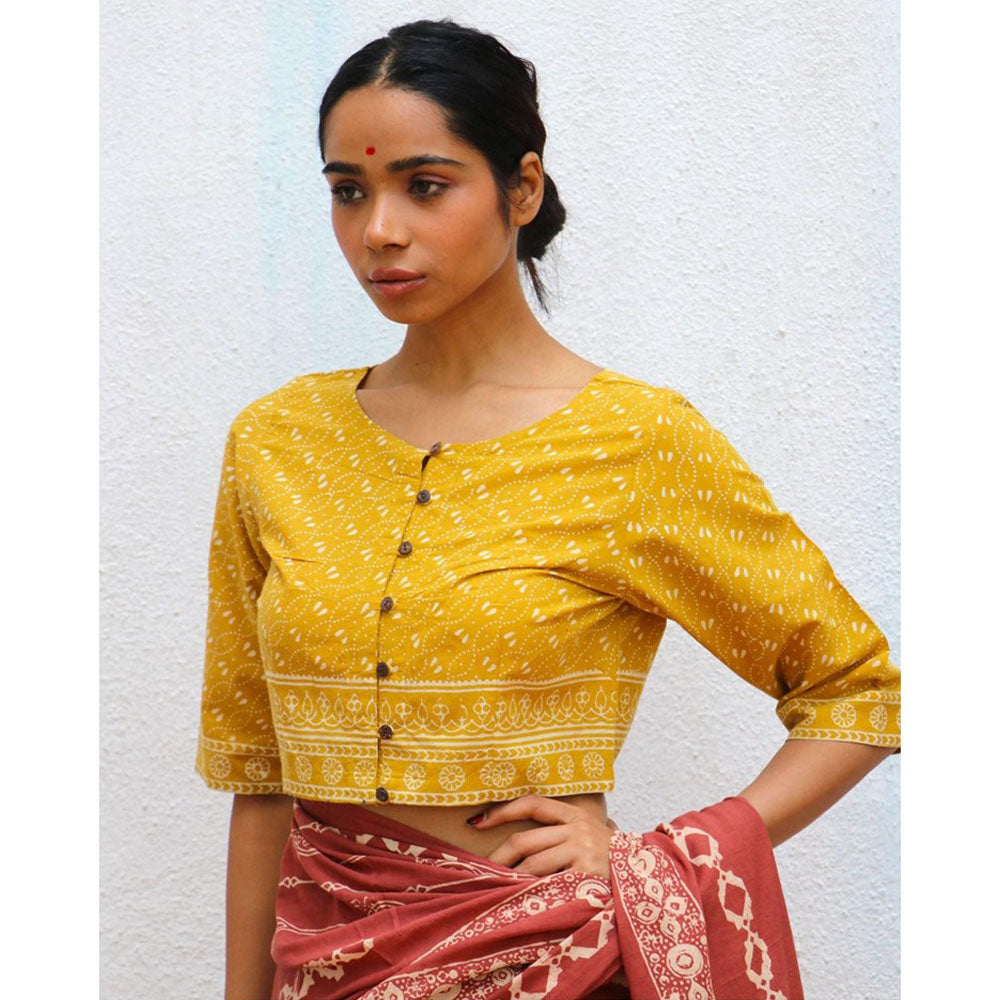 Chidiyaa Paakhi Daffodils Hand Block Printed Cotton Stitched Blouse