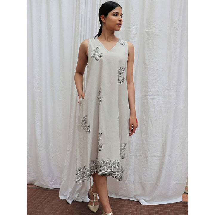 Chidiyaa Smell of Rain Ivory Mist Printed Cotton Midi Dress