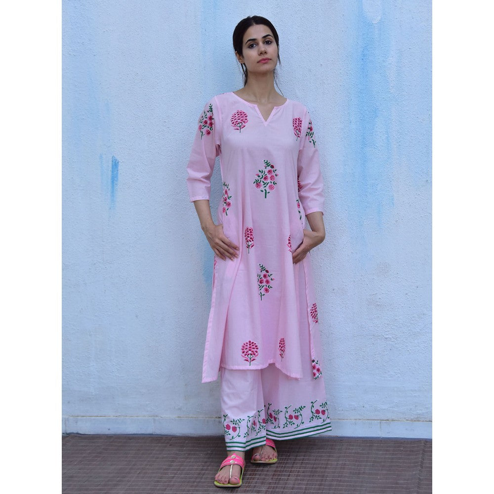 Chidiyaa Flower of Summer Pink Flowers Printed Cotton Kurta with Palazzo (Set of 2)