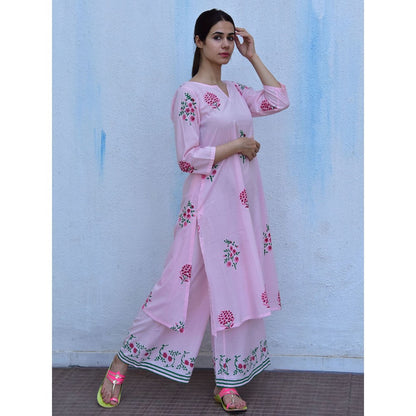 Chidiyaa Flower of Summer Pink Flowers Printed Cotton Kurta with Palazzo (Set of 2)