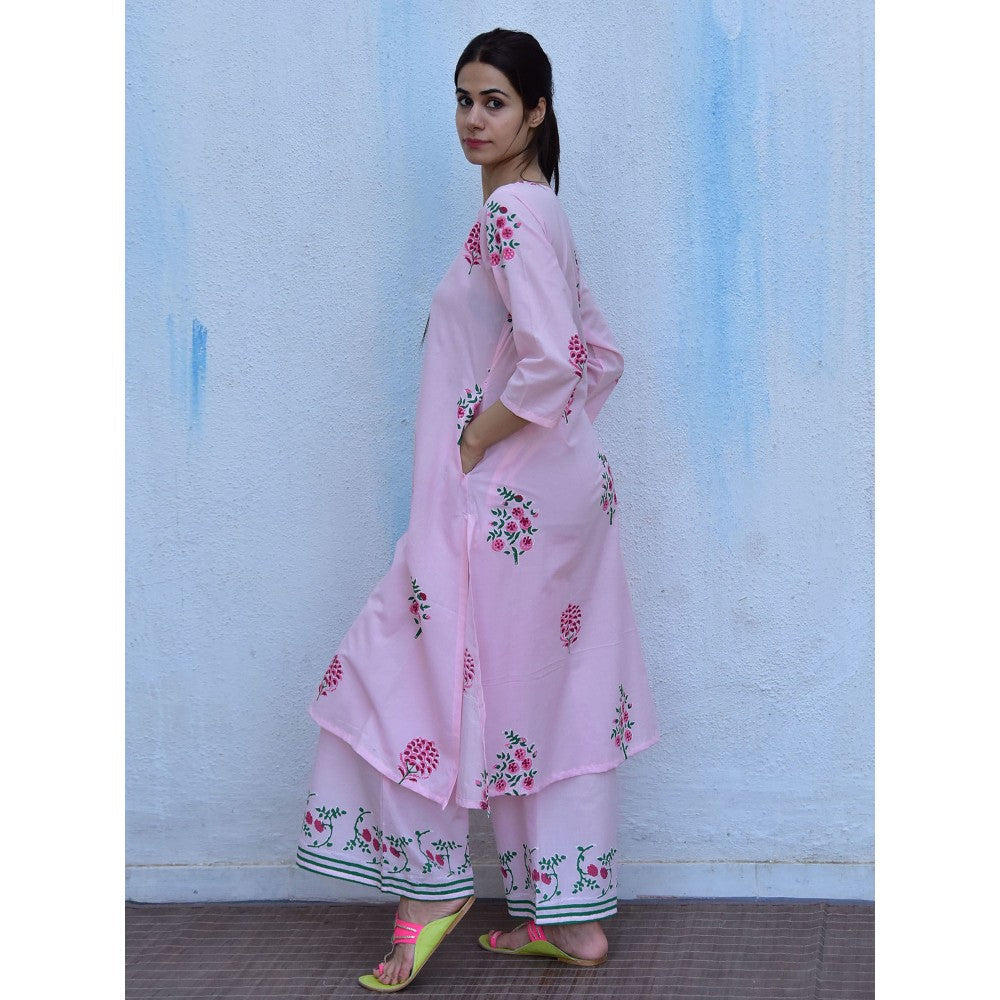 Chidiyaa Flower of Summer Pink Flowers Printed Cotton Kurta with Palazzo (Set of 2)