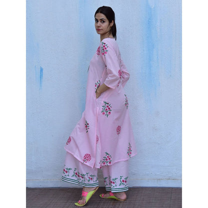 Chidiyaa Flower of Summer Pink Flowers Printed Cotton Kurta with Palazzo (Set of 2)