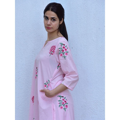 Chidiyaa Flower of Summer Pink Flowers Printed Cotton Kurta with Palazzo (Set of 2)