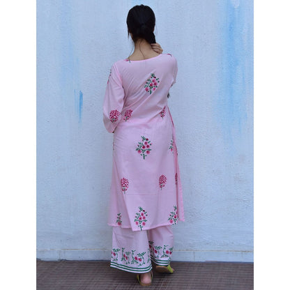 Chidiyaa Flower of Summer Pink Flowers Printed Cotton Kurta with Palazzo (Set of 2)