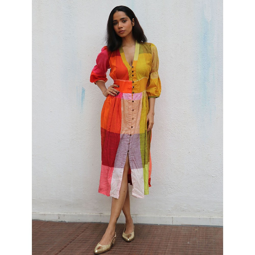 Chidiyaa Rainbow Cafe Charlotte Colorblock Handwoven Cotton Dress