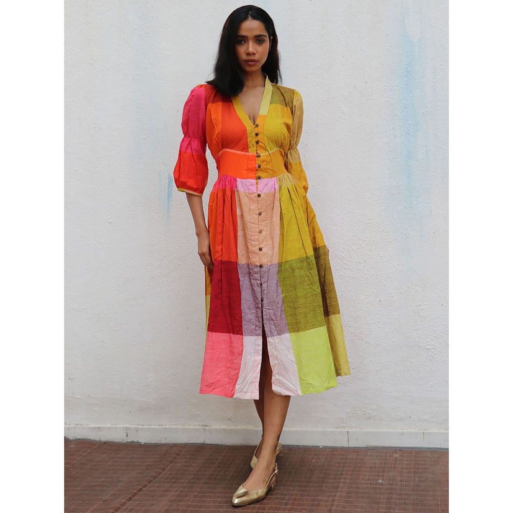 Chidiyaa Rainbow Cafe Charlotte Colorblock Handwoven Cotton Dress