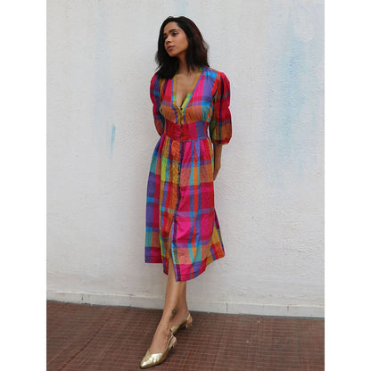 Chidiyaa Rainbow Cafe Zehra Checks Handwoven Cotton Dress