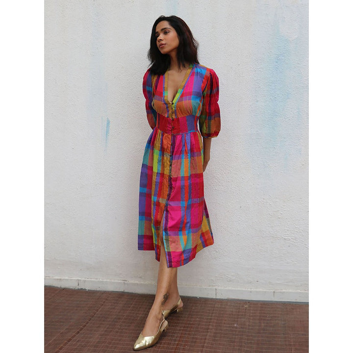 Chidiyaa Rainbow Cafe Zehra Checks Handwoven Cotton Dress