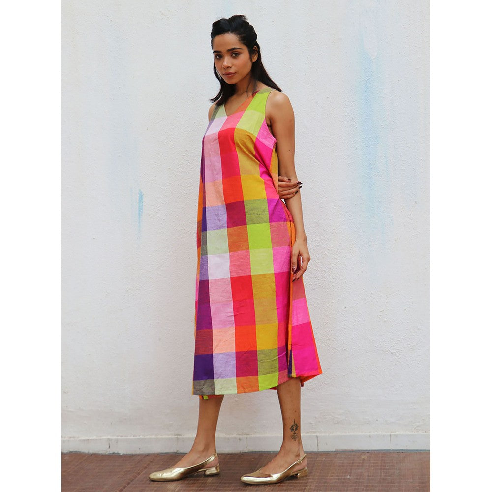 Chidiyaa Rainbow Cafe Celestyn Checks Sleevless Handwoven Cotton Dress