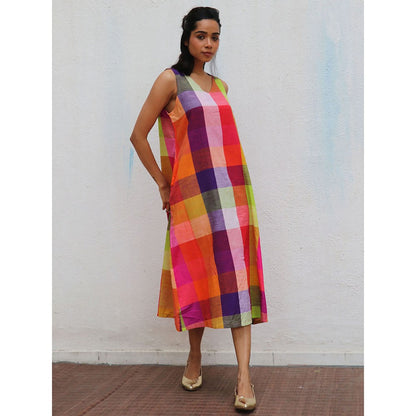 Chidiyaa Rainbow Cafe Celestyn Checks Sleevless Handwoven Cotton Dress