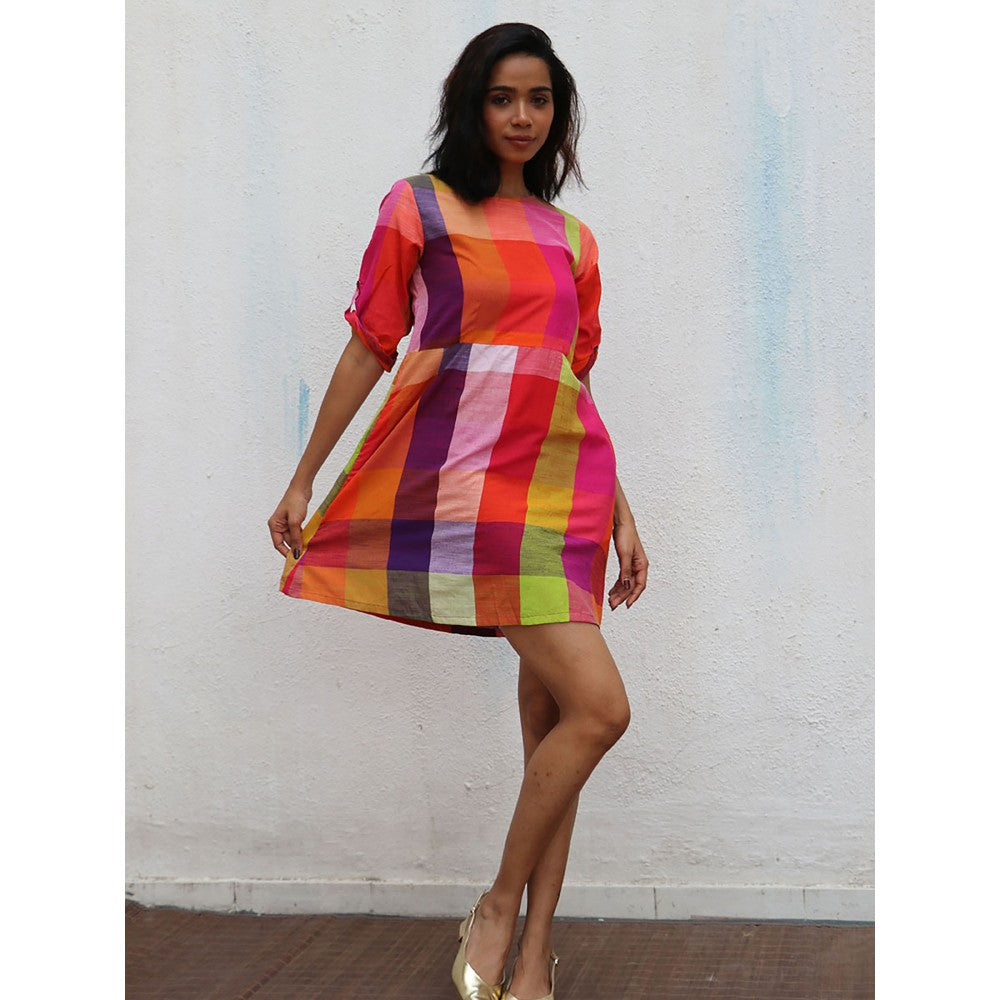 Chidiyaa Rainbow Cafe Maeve Checks Handwoven Cotton Mini Dress