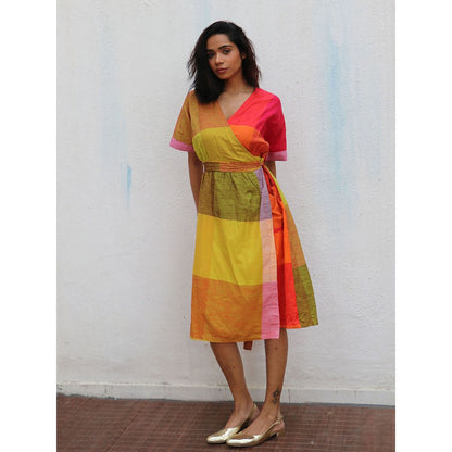 Chidiyaa Rainbow Cafe Crescentia Colorblock Handwoven Cotton Dress