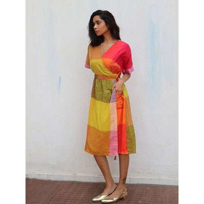 Chidiyaa Rainbow Cafe Crescentia Colorblock Handwoven Cotton Dress