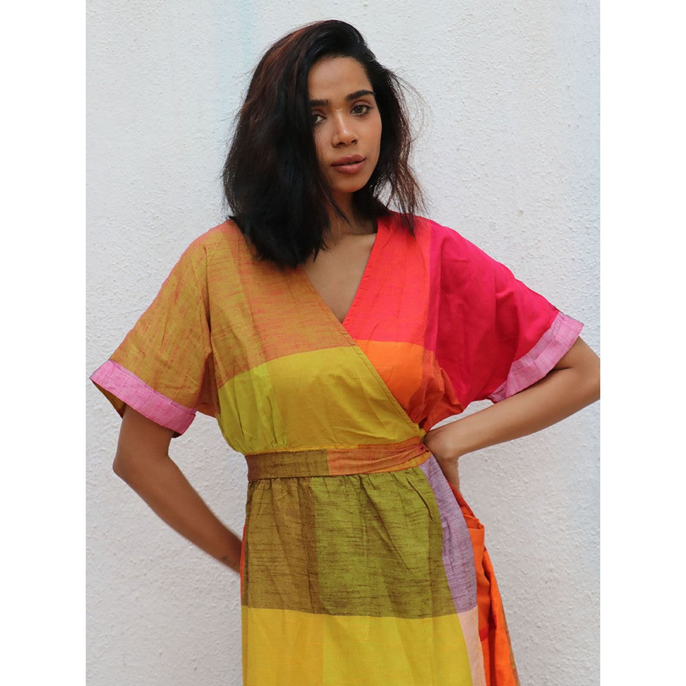 Chidiyaa Rainbow Cafe Crescentia Colorblock Handwoven Cotton Dress