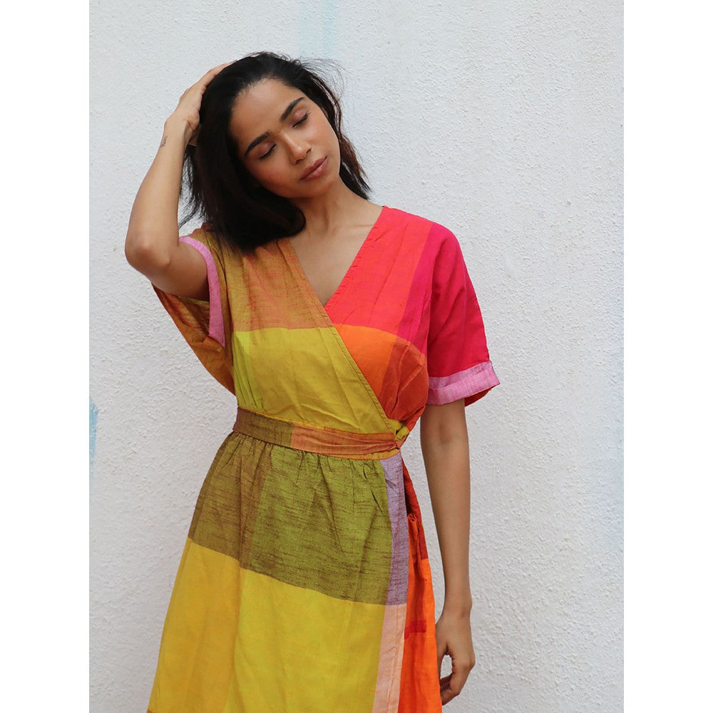 Chidiyaa Rainbow Cafe Crescentia Colorblock Handwoven Cotton Dress