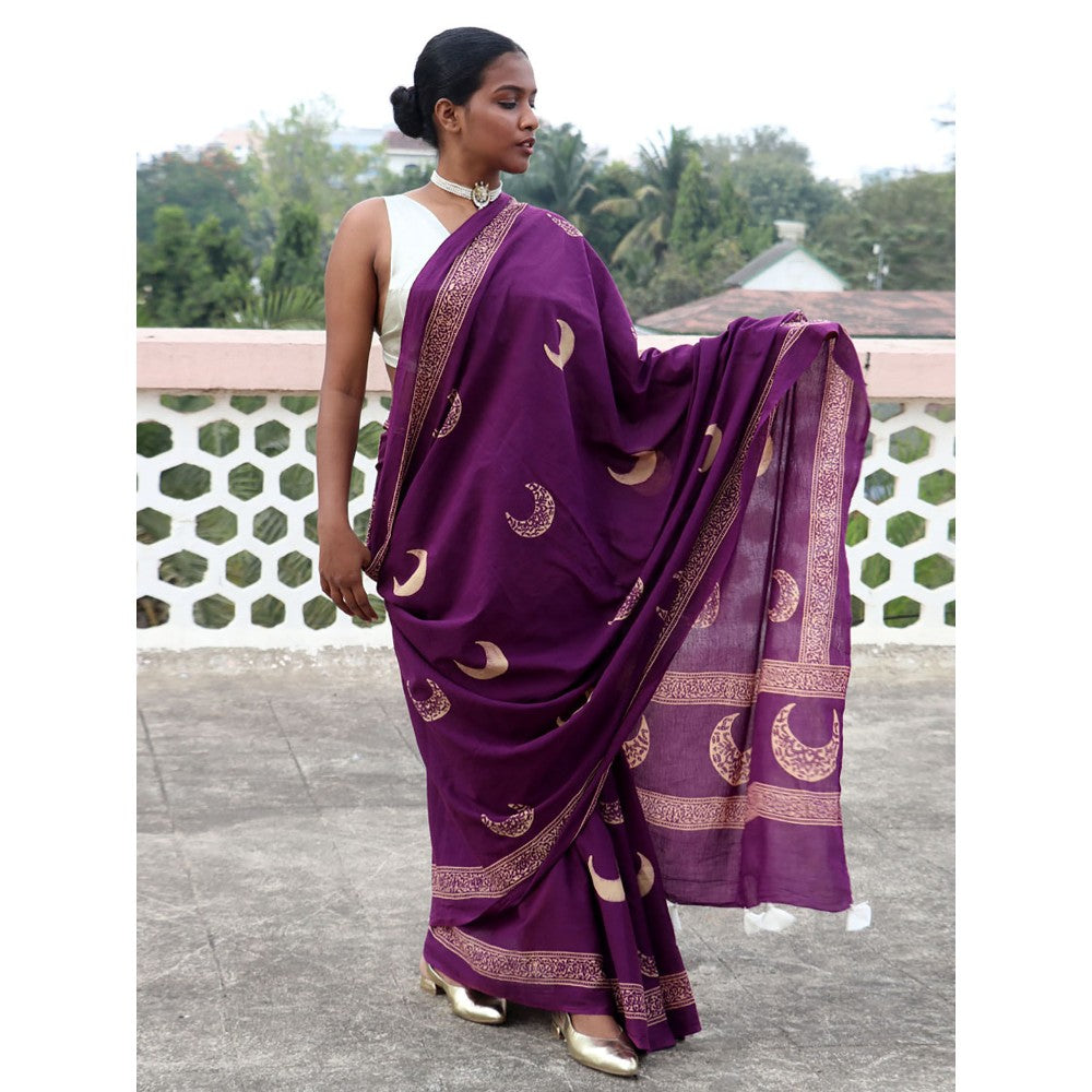 Chidiyaa Paakhi Purple Moon Handblock Printed Cotton Saree with Unstitched Blouse