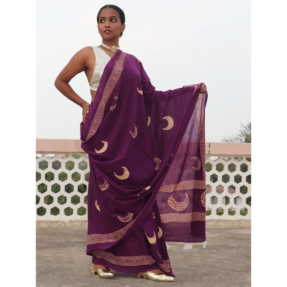 Chidiyaa Paakhi Purple Moon Handblock Printed Cotton Saree with Unstitched Blouse