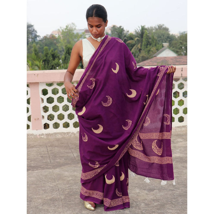 Chidiyaa Paakhi Purple Moon Handblock Printed Cotton Saree with Unstitched Blouse