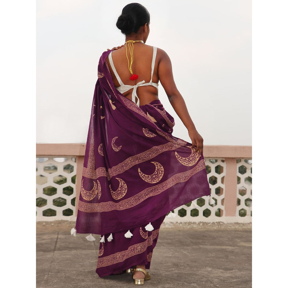 Chidiyaa Paakhi Purple Moon Handblock Printed Cotton Saree with Unstitched Blouse