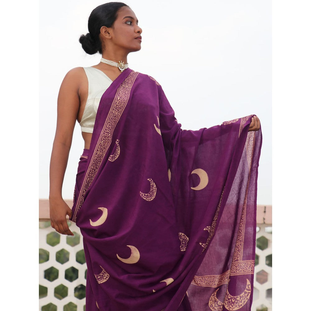 Chidiyaa Paakhi Purple Moon Handblock Printed Cotton Saree with Unstitched Blouse