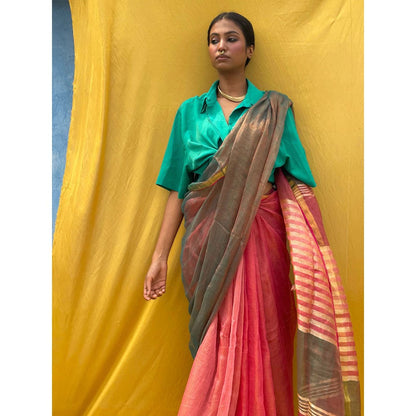 Chidiyaa Sahasa Two Tone Vermillion Handwoven Pure Linen Zari Saree with Unstitched Blouse