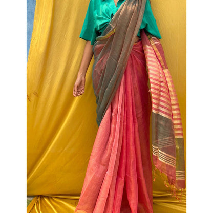 Chidiyaa Sahasa Two Tone Vermillion Handwoven Pure Linen Zari Saree with Unstitched Blouse