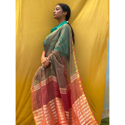 Chidiyaa Sahasa Two Tone Vermillion Handwoven Pure Linen Zari Saree with Unstitched Blouse