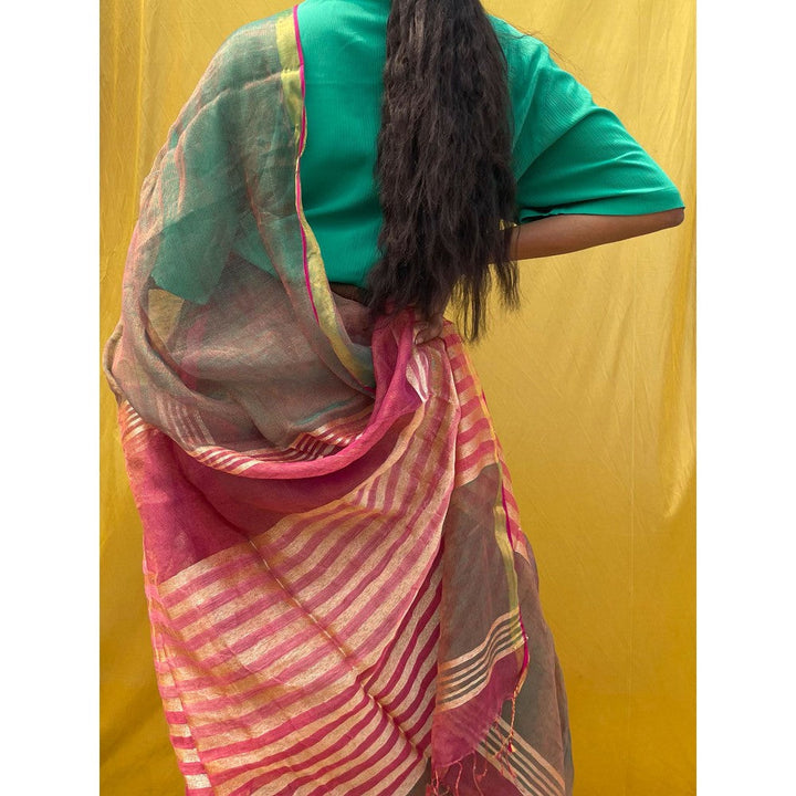 Chidiyaa Sahasa Two Tone Vermillion Handwoven Pure Linen Zari Saree with Unstitched Blouse