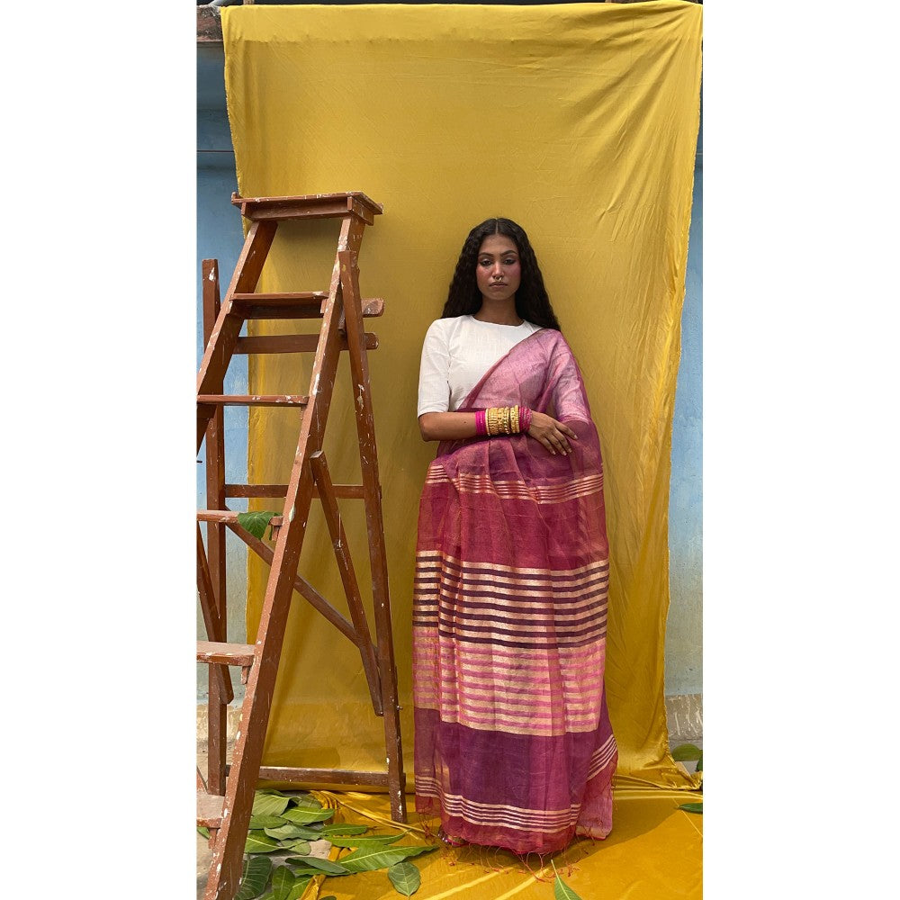 Chidiyaa Multitone Emerald Handwoven Pure Linen Zari Saree with Unstitched Blouse