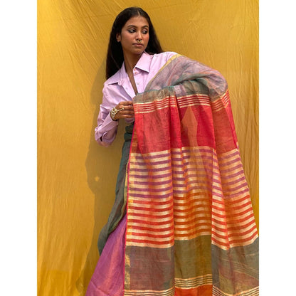 Chidiyaa Multitone Emerald Handwoven Pure Linen Zari Saree with Unstitched Blouse