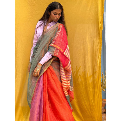 Chidiyaa Multitone Emerald Handwoven Pure Linen Zari Saree with Unstitched Blouse