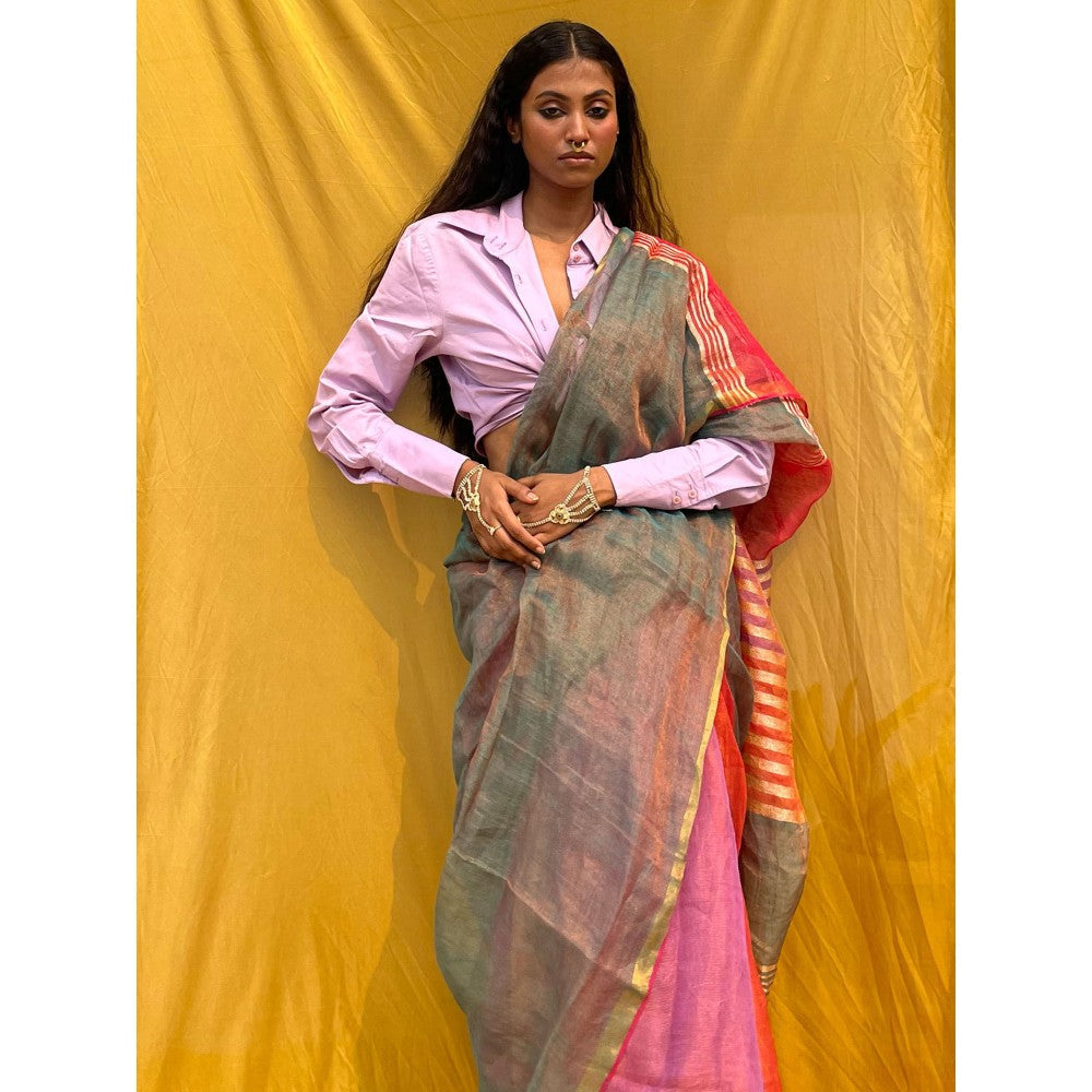 Chidiyaa Multitone Emerald Handwoven Pure Linen Zari Saree with Unstitched Blouse