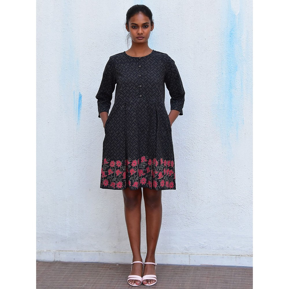 Chidiyaa Humming Bird Azure Whispers Black Hand Block Printed Cotton Dress