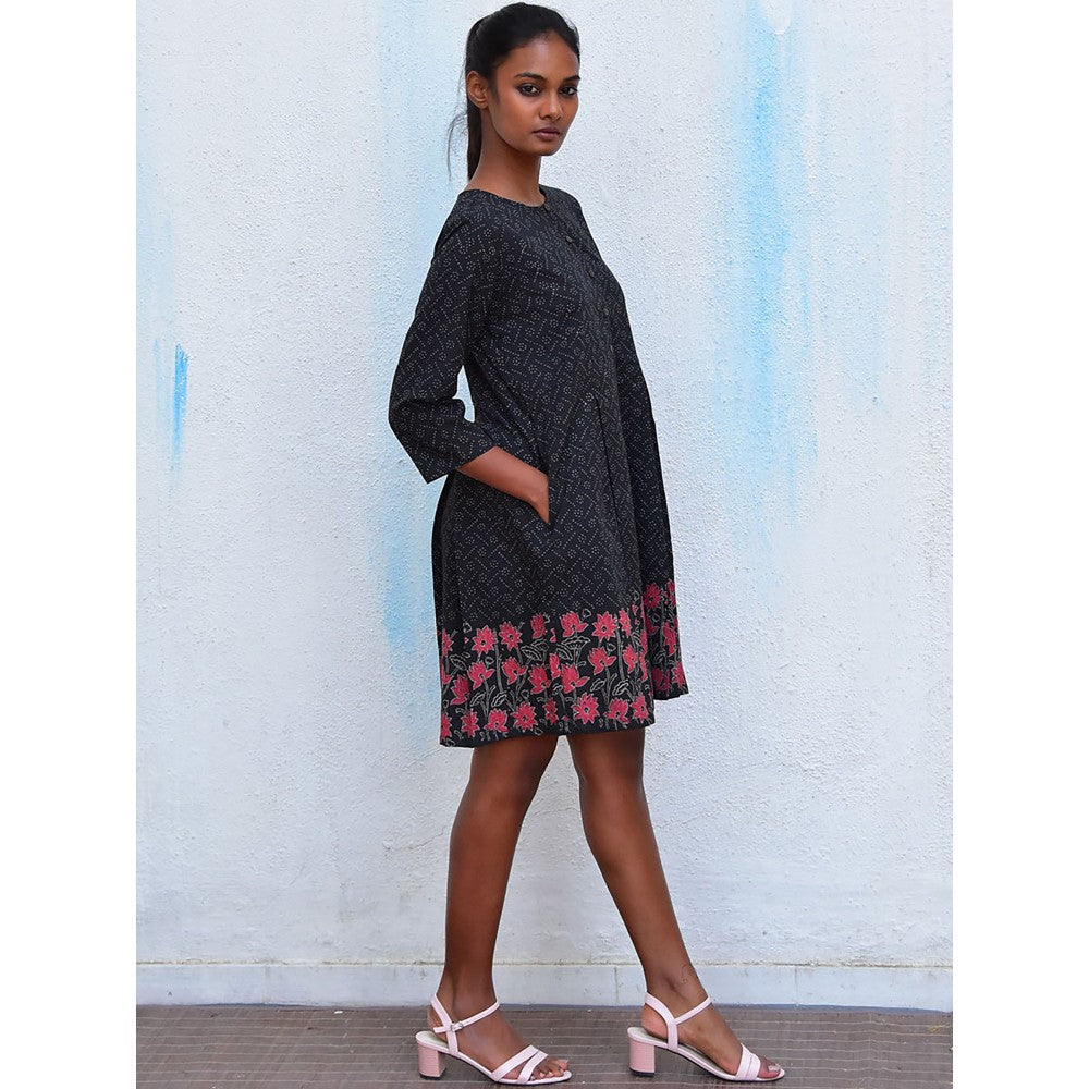 Chidiyaa Humming Bird Azure Whispers Black Hand Block Printed Cotton Dress