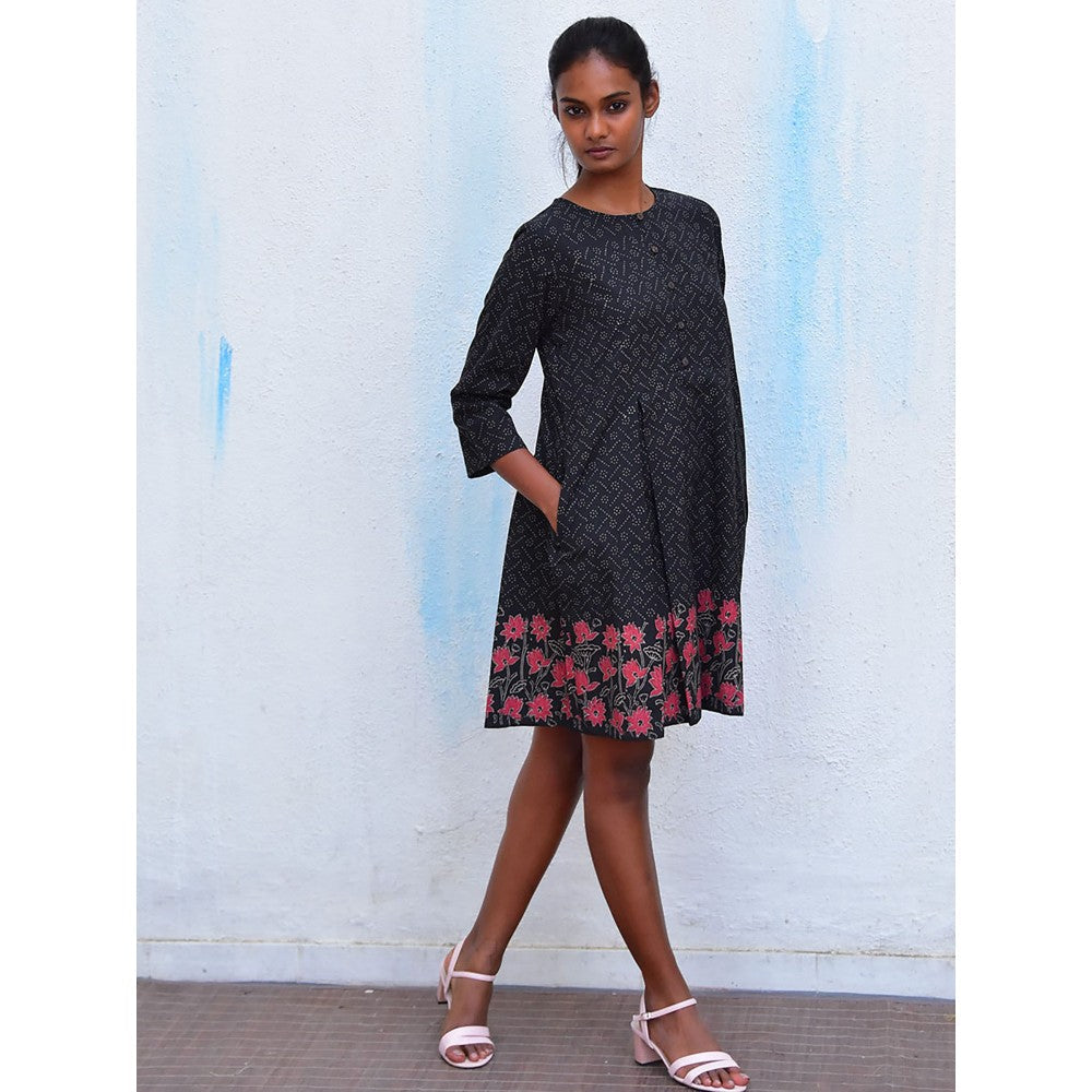 Chidiyaa Humming Bird Azure Whispers Black Hand Block Printed Cotton Dress
