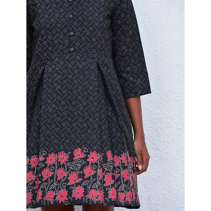 Chidiyaa Humming Bird Azure Whispers Black Hand Block Printed Cotton Dress