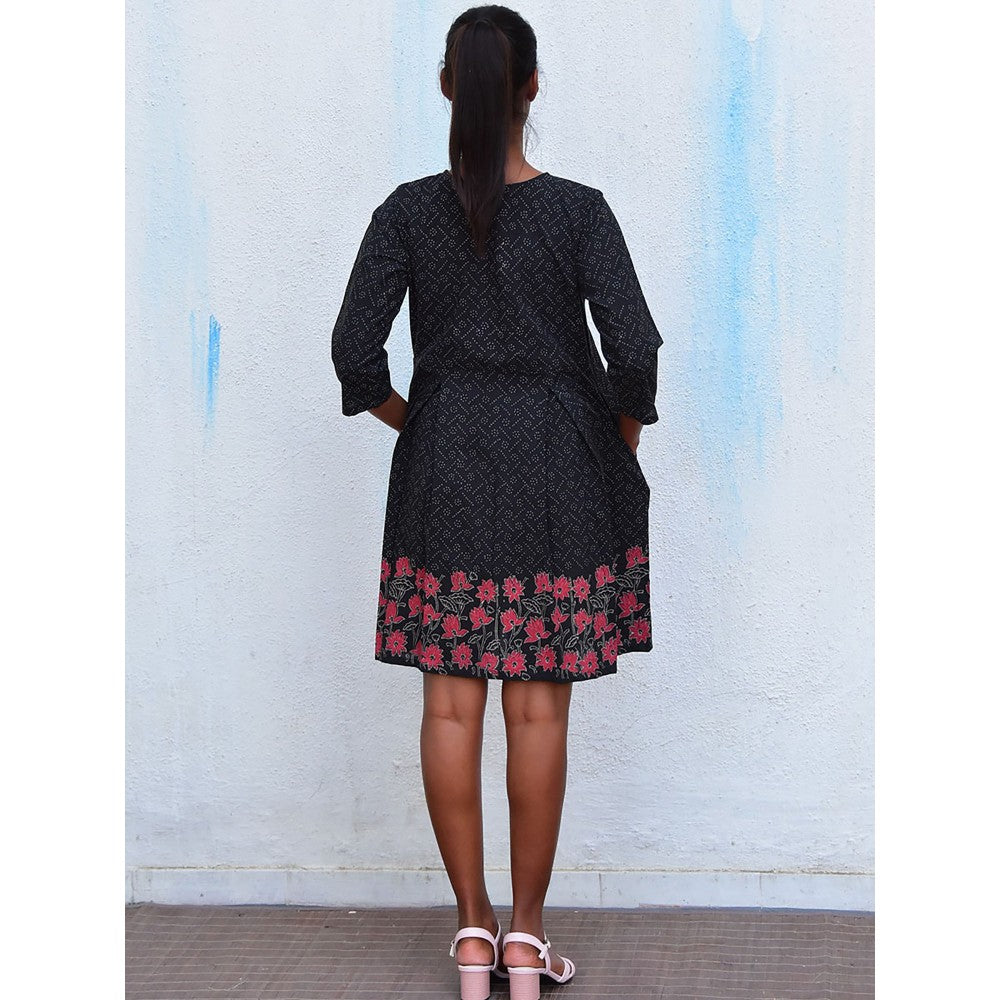 Chidiyaa Humming Bird Azure Whispers Black Hand Block Printed Cotton Dress