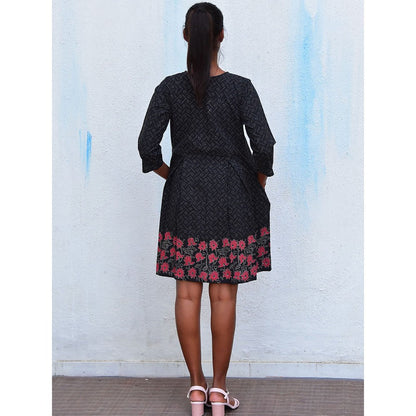 Chidiyaa Humming Bird Azure Whispers Black Hand Block Printed Cotton Dress