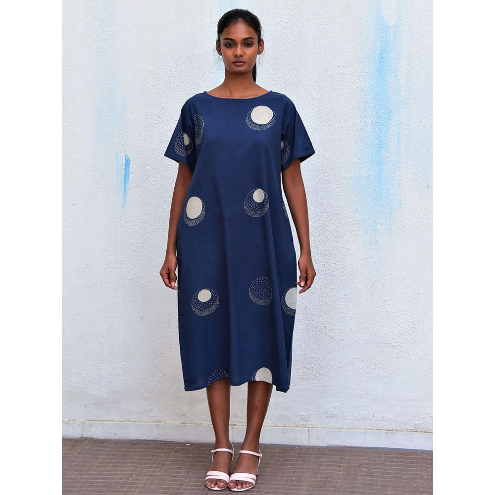 Chidiyaa Humming Bird Wings Of Serenity Blue Hand Block Printed Cotton Dress