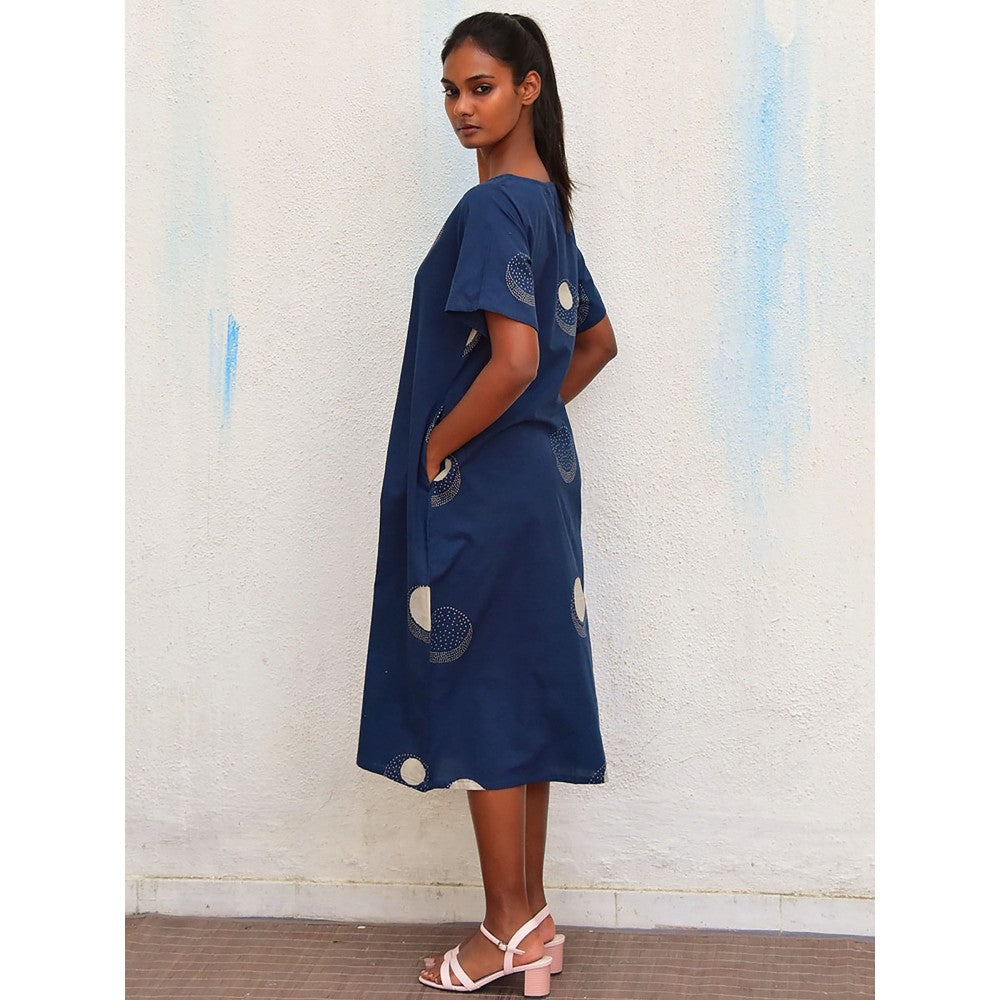 Chidiyaa Humming Bird Wings Of Serenity Blue Hand Block Printed Cotton Dress