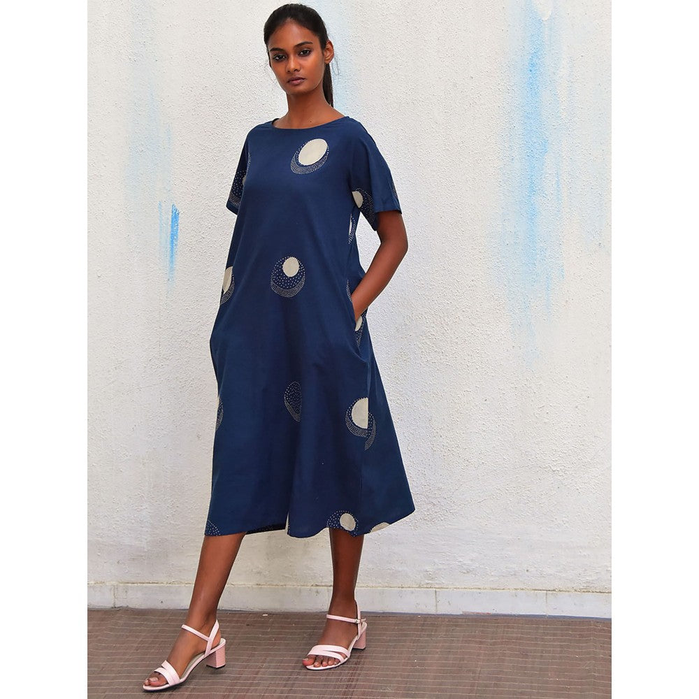 Chidiyaa Humming Bird Wings Of Serenity Blue Hand Block Printed Cotton Dress