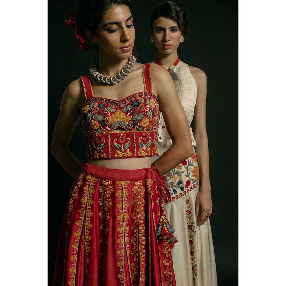 CHANDRIMA Red Kala Cotton Embellished Bustier