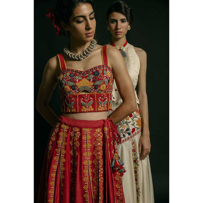 CHANDRIMA Red Kala Cotton Embellished Bustier