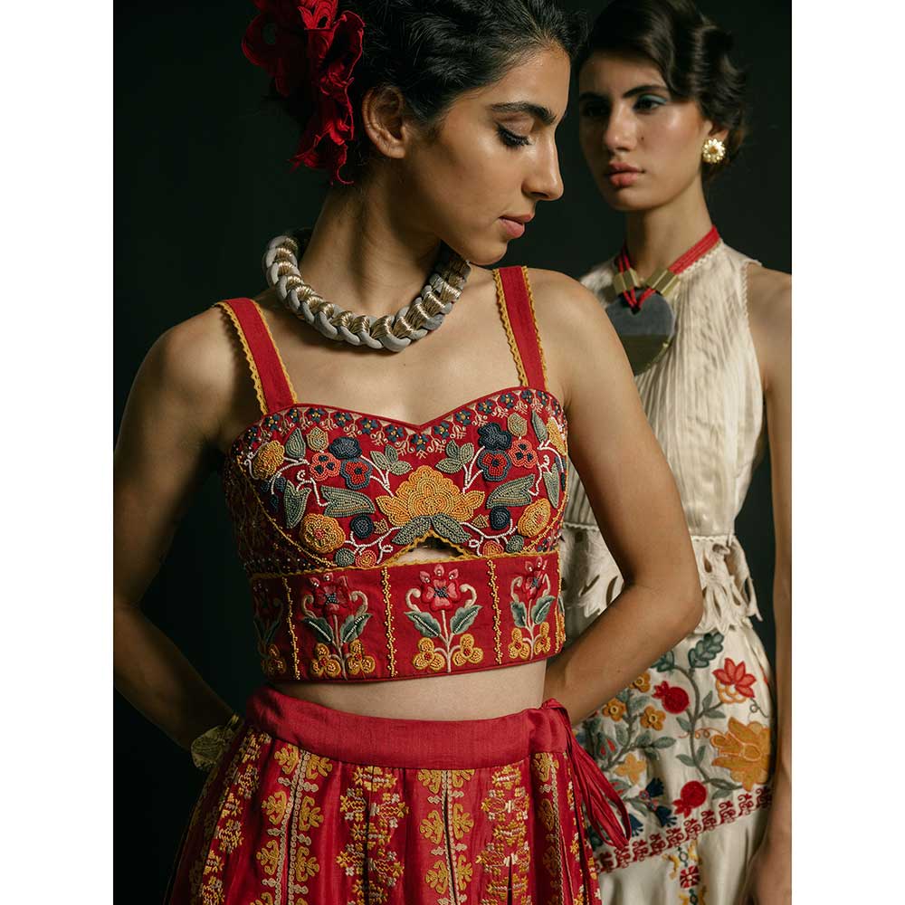 CHANDRIMA Red Kala Cotton Embellished Bustier