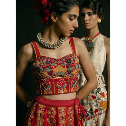 CHANDRIMA Red Kala Cotton Embellished Bustier