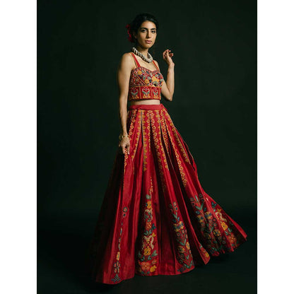 CHANDRIMA Red Kala Cotton Embellished Bustier